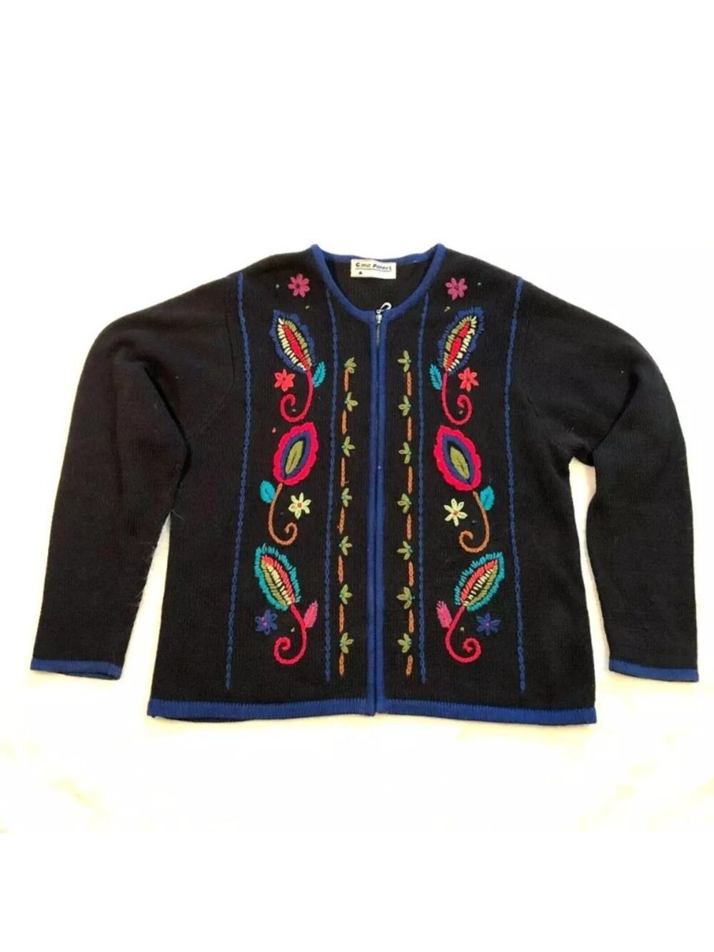 Vtg Gina Peters Black Cardigan Sweater Sz L Embroidered Flowers Full Zip Womens